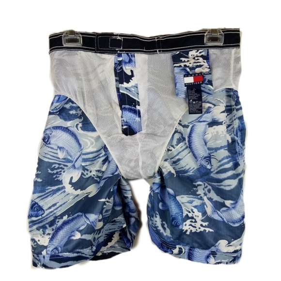 Vtg Tommy Hilfiger Men Swim Trunks Sz L Blue Fish - Picture 4 of 8